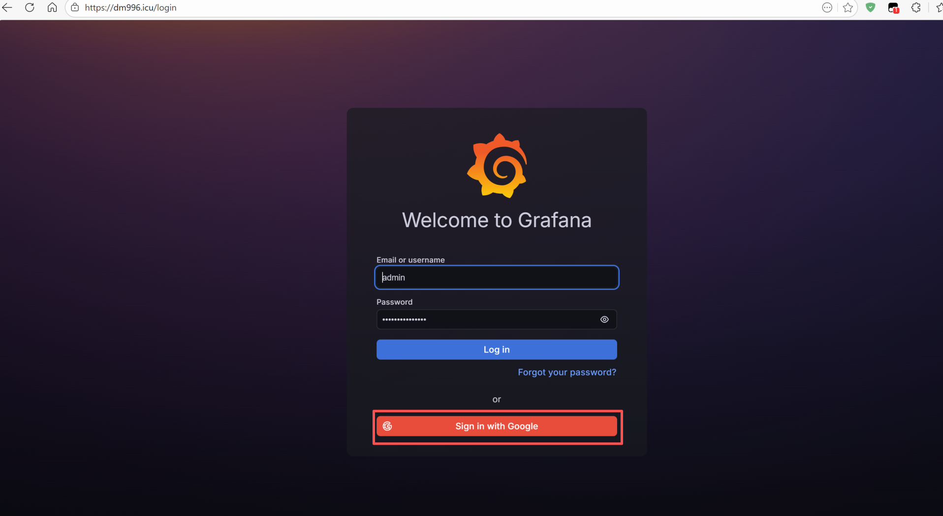 Grafana Login Page with Google SSO Button